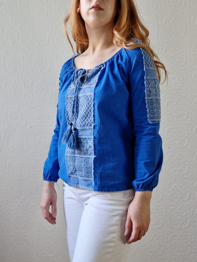 Vintage 90s Blue 3/4 Sleeve Cotton Boho Blouse with Tassels - XS