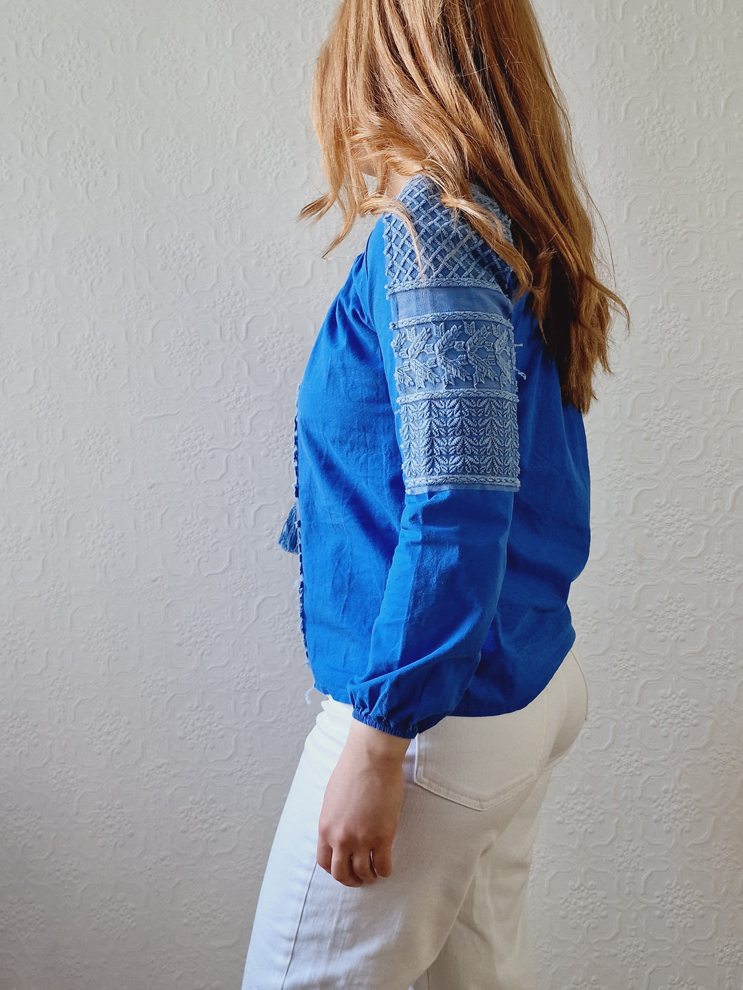 Vintage 90s Blue 3/4 Sleeve Cotton Boho Blouse with Tassels - XS