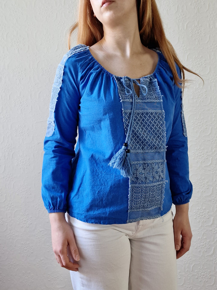 Vintage 90s Blue 3/4 Sleeve Cotton Boho Blouse with Tassels - XS