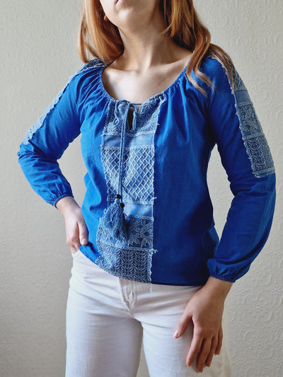 Vintage 90s Blue 3/4 Sleeve Cotton Boho Blouse with Tassels - XS