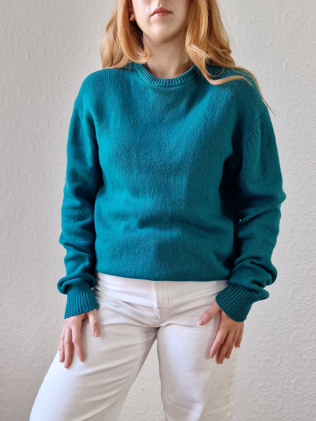 Vintage 80s Teal Green Pure Cashmere Jumper with Crew Neck - M