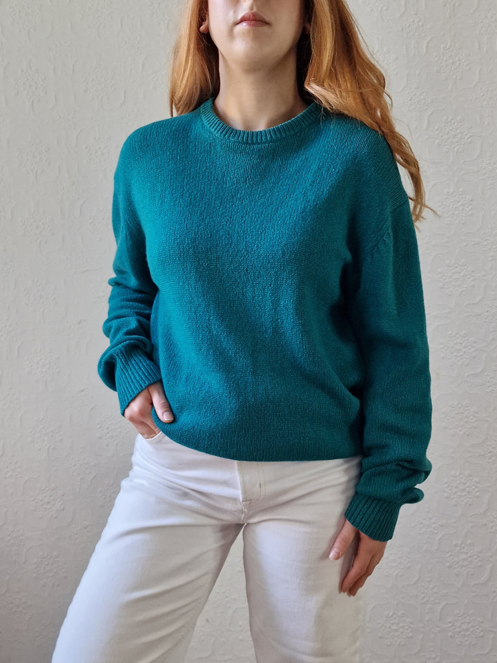 Vintage 80s Teal Green Pure Cashmere Jumper with Crew Neck - M