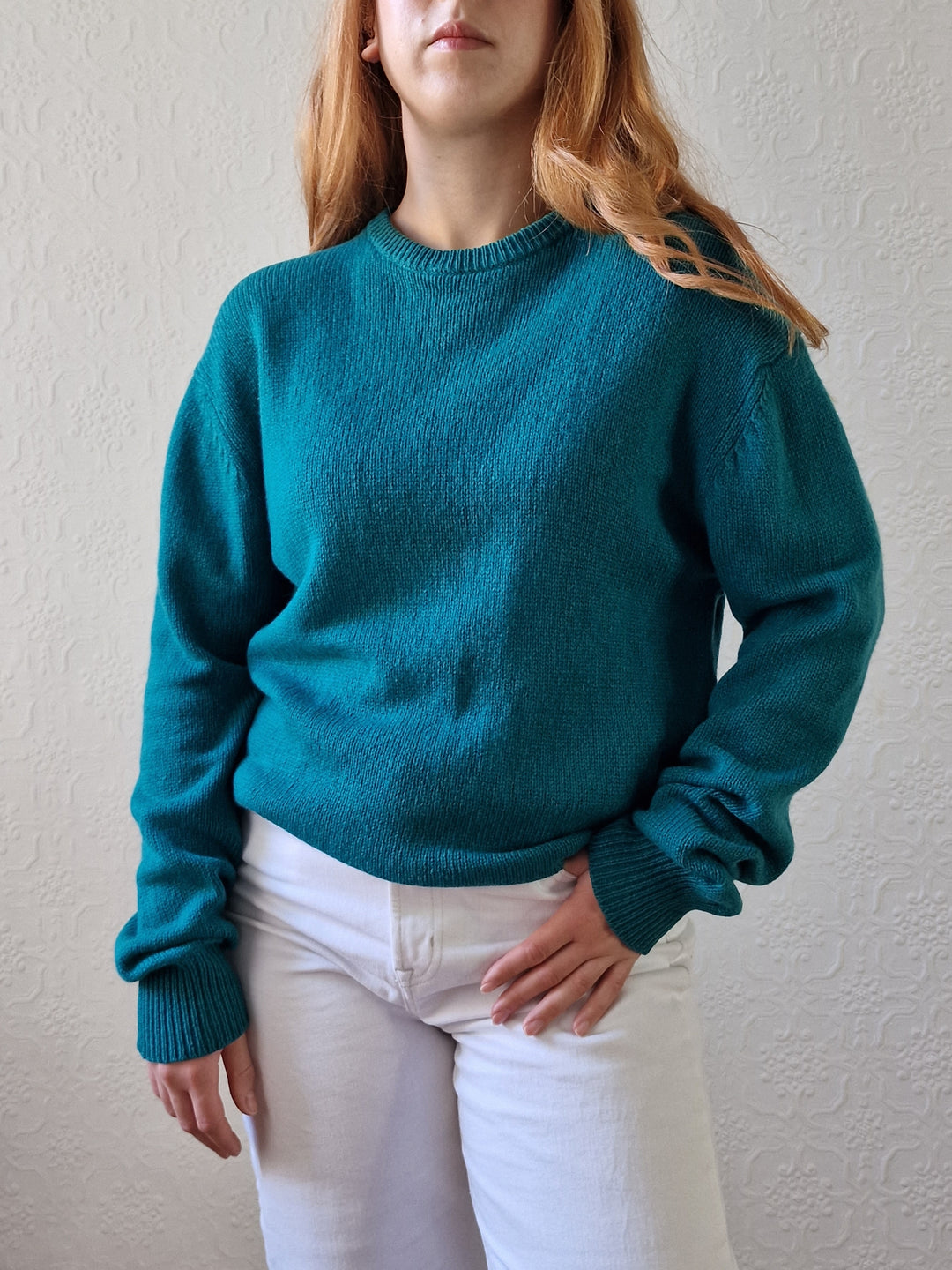 Vintage 80s Teal Green Pure Cashmere Jumper with Crew Neck - M