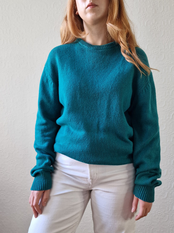 Vintage 80s Teal Green Pure Cashmere Jumper with Crew Neck - M