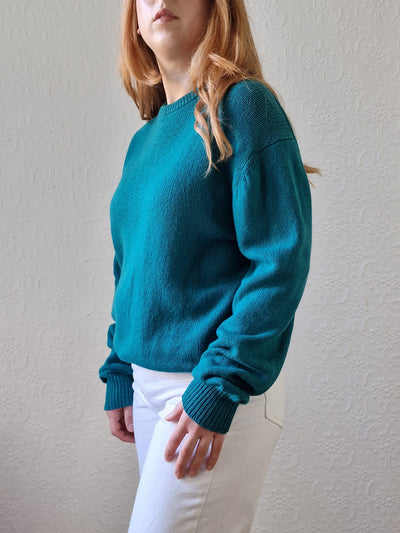 Vintage 80s Teal Green Pure Cashmere Jumper with Crew Neck - M