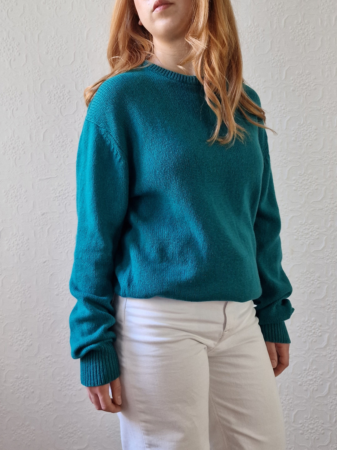 Vintage 80s Teal Green Pure Cashmere Jumper with Crew Neck - M