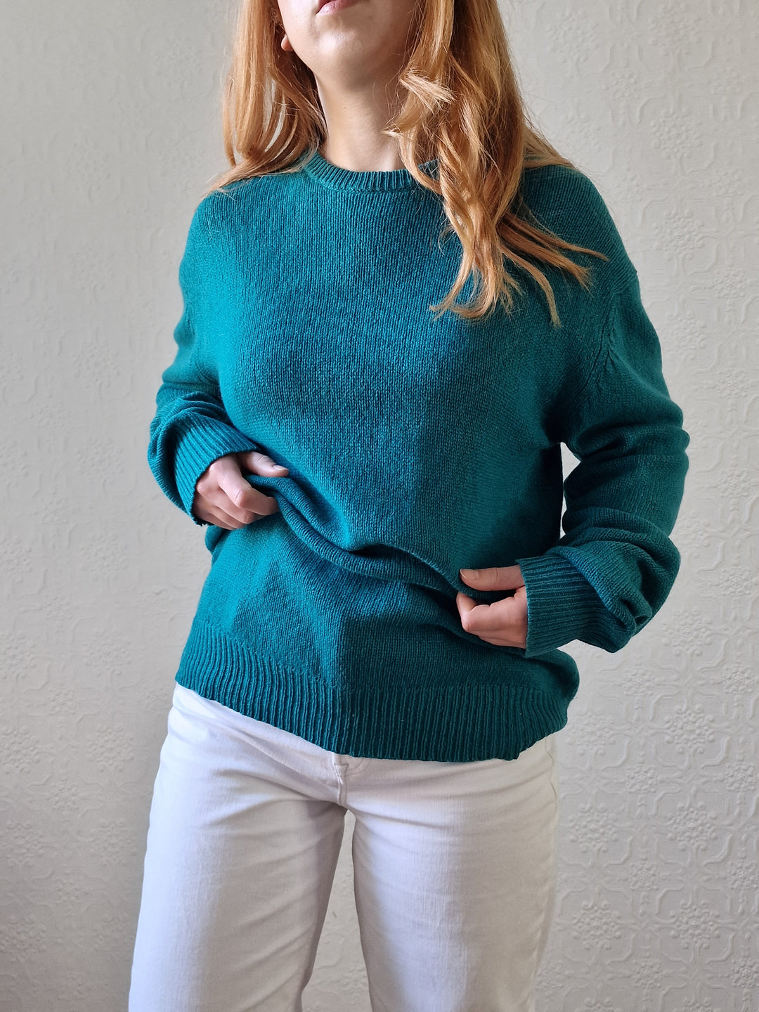 Vintage 80s Teal Green Pure Cashmere Jumper with Crew Neck - M