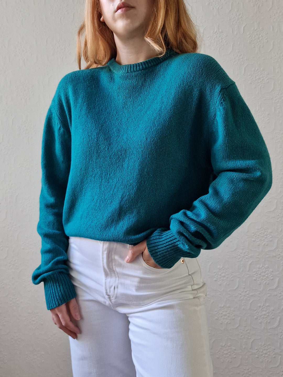 Vintage 80s Teal Green Pure Cashmere Jumper with Crew Neck - M