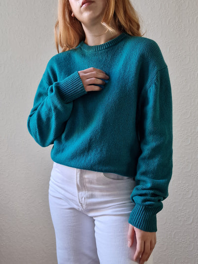 Vintage 80s Teal Green Pure Cashmere Jumper with Crew Neck - M