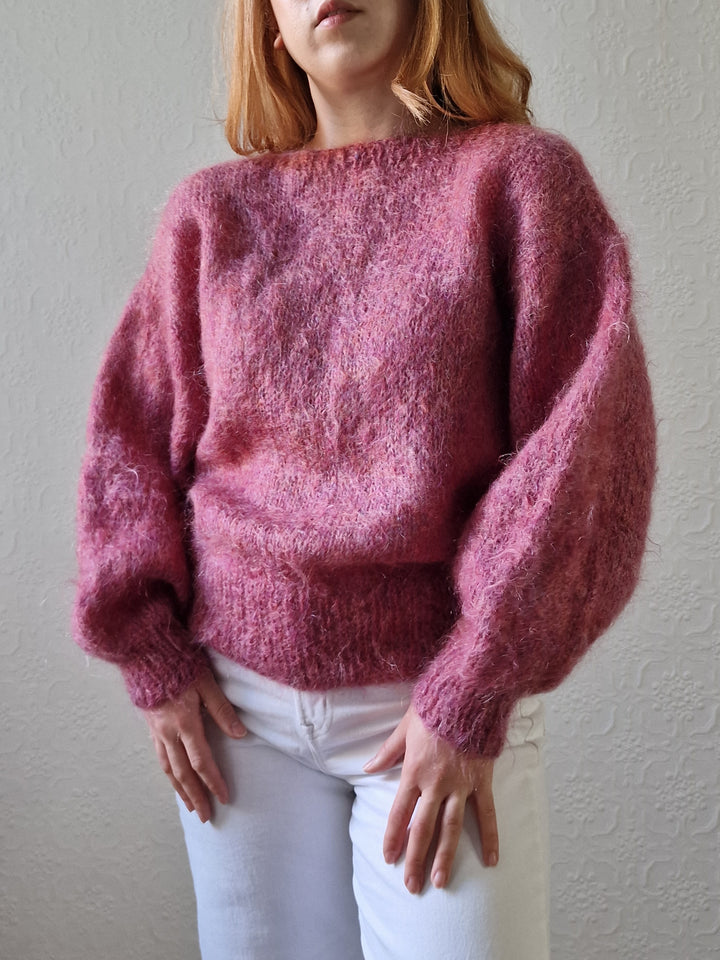 Vintage 80s Handknitted Dark Pink Mohair Jumper with Batwing Sleeves - M/L