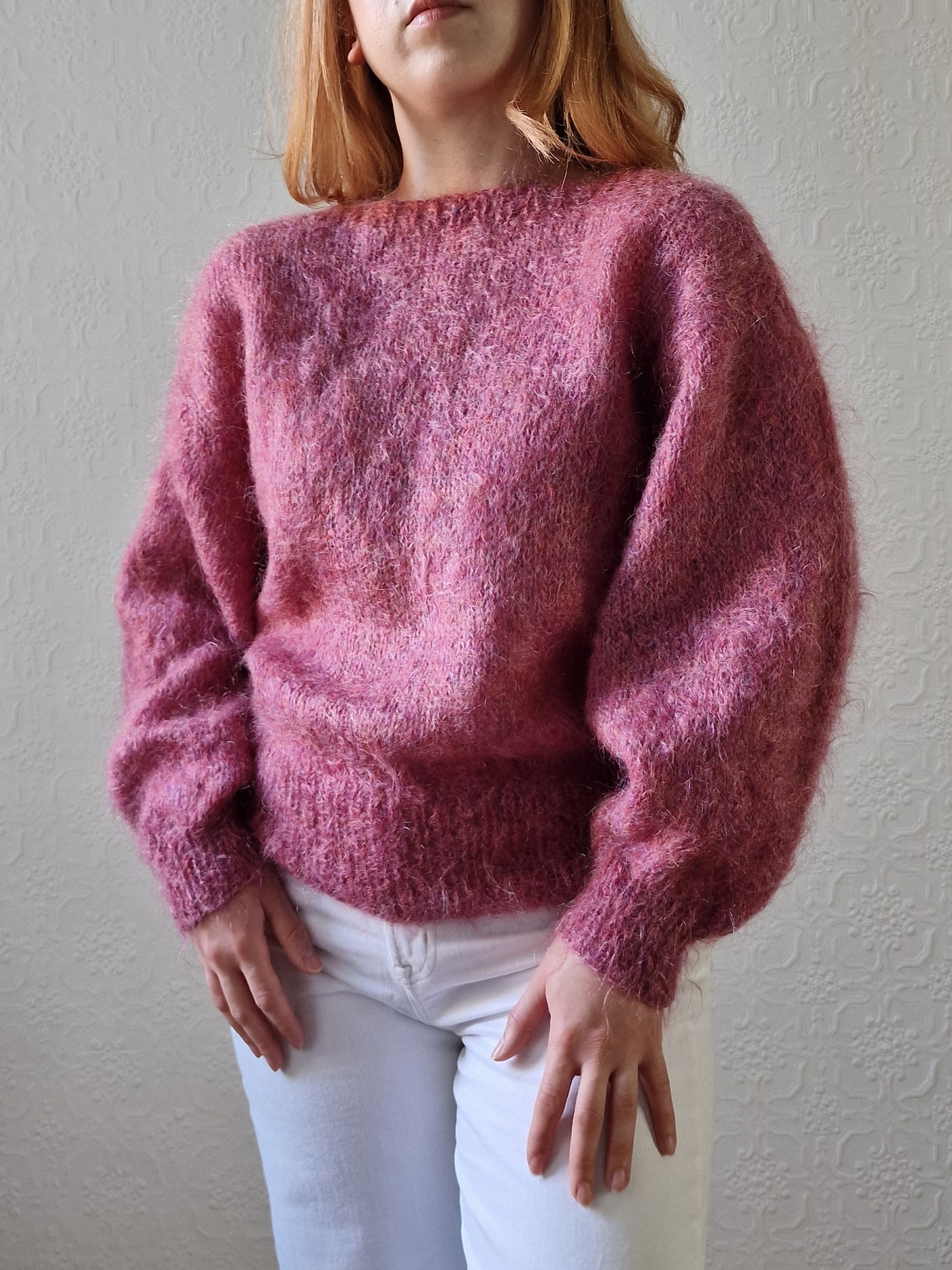 Vintage 80s Handknitted Dark Pink Mohair Jumper with Batwing Sleeves - M/L