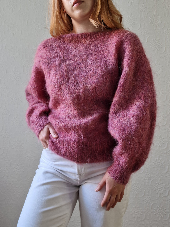 Vintage 80s Handknitted Dark Pink Mohair Jumper with Batwing Sleeves - M/L