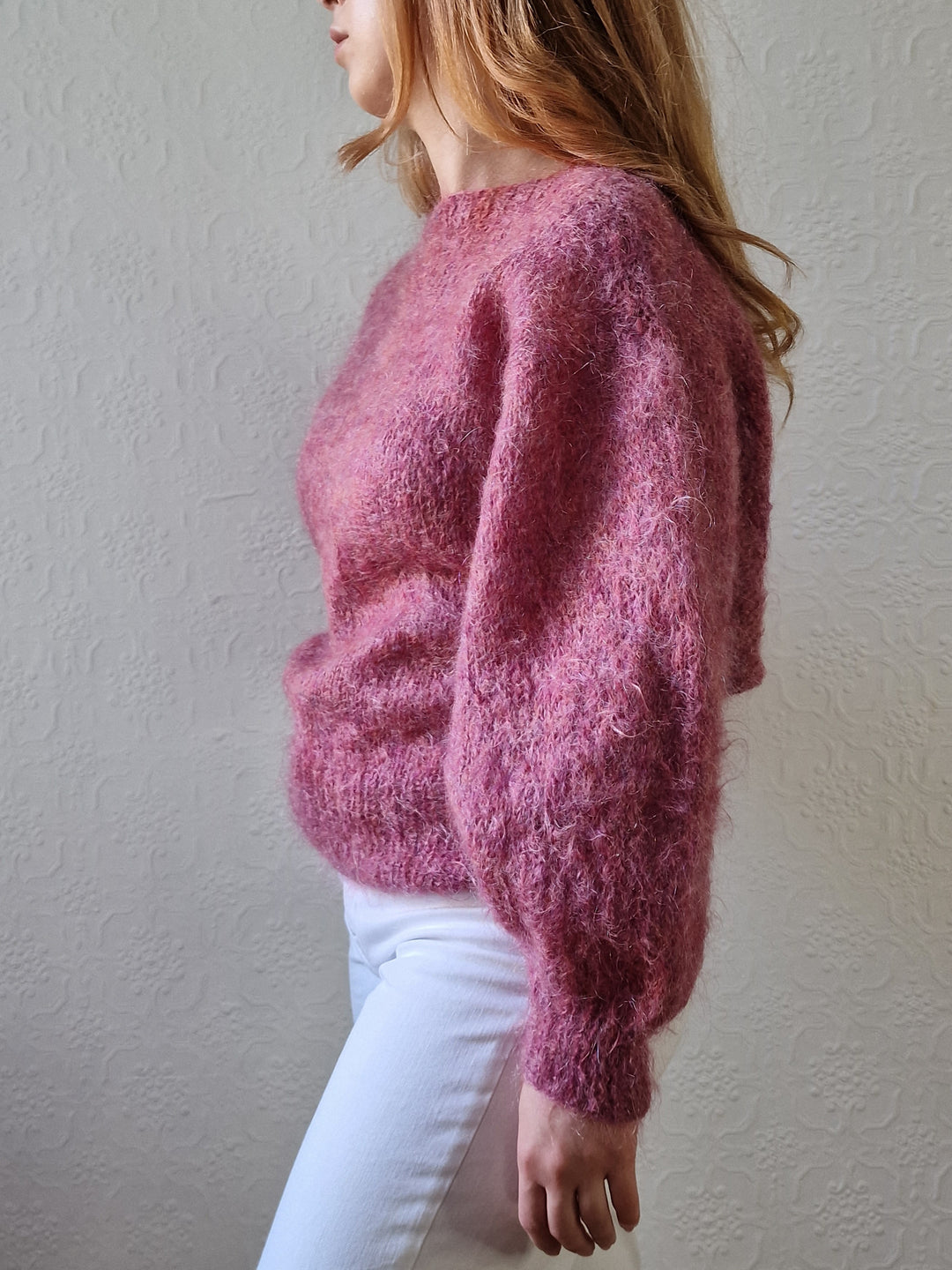 Vintage 80s Handknitted Dark Pink Mohair Jumper with Batwing Sleeves - M/L