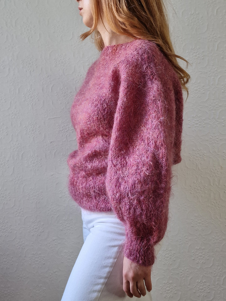 Vintage 80s Handknitted Dark Pink Mohair Jumper with Batwing Sleeves - M/L