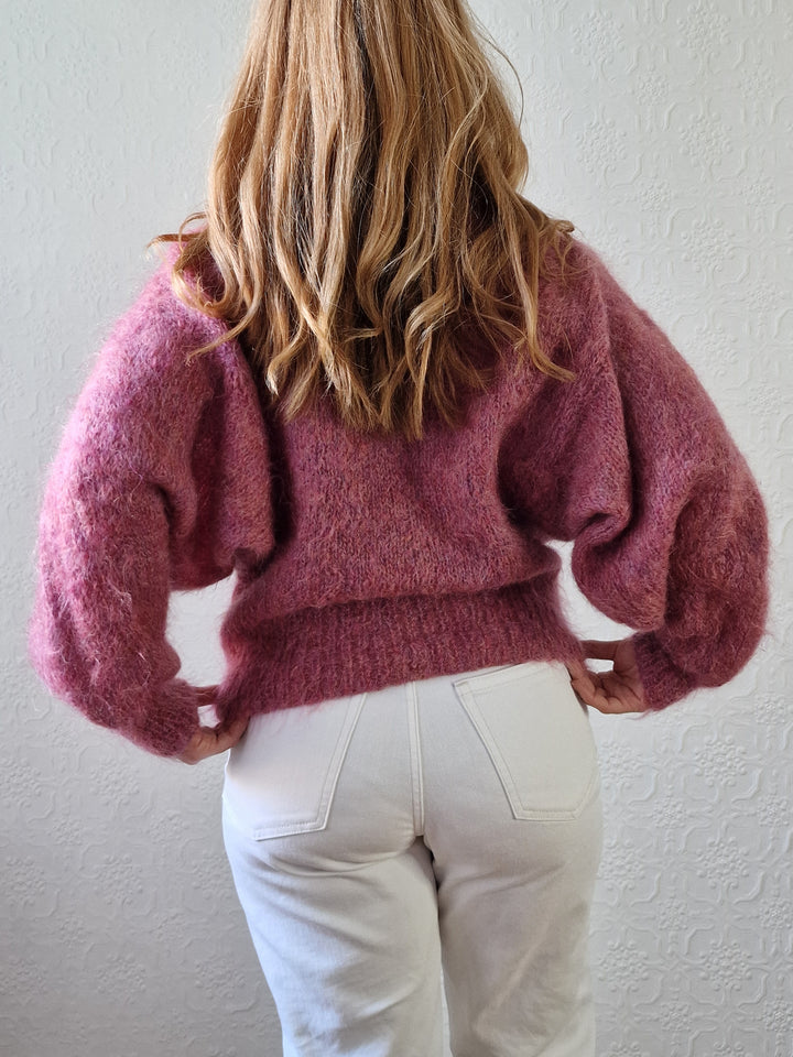 Vintage 80s Handknitted Dark Pink Mohair Jumper with Batwing Sleeves - M/L