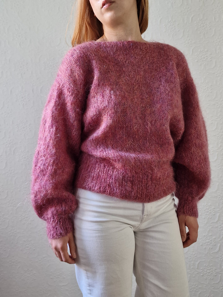 Vintage 80s Handknitted Dark Pink Mohair Jumper with Batwing Sleeves - M/L