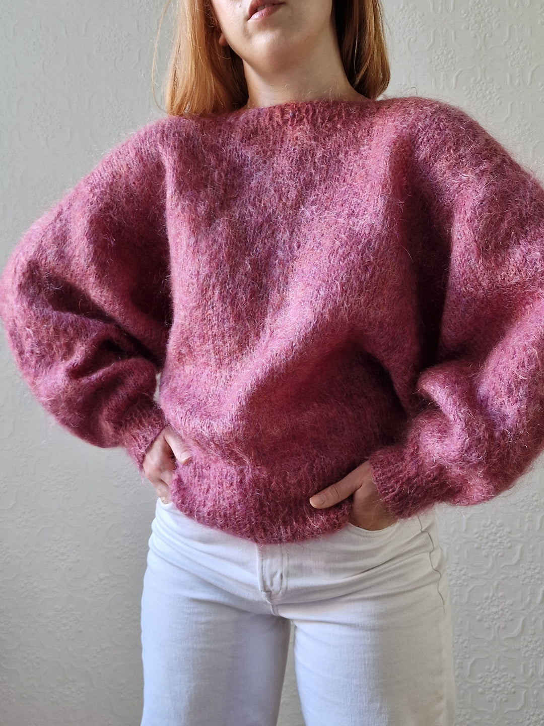 Vintage 80s Handknitted Dark Pink Mohair Jumper with Batwing Sleeves - M/L