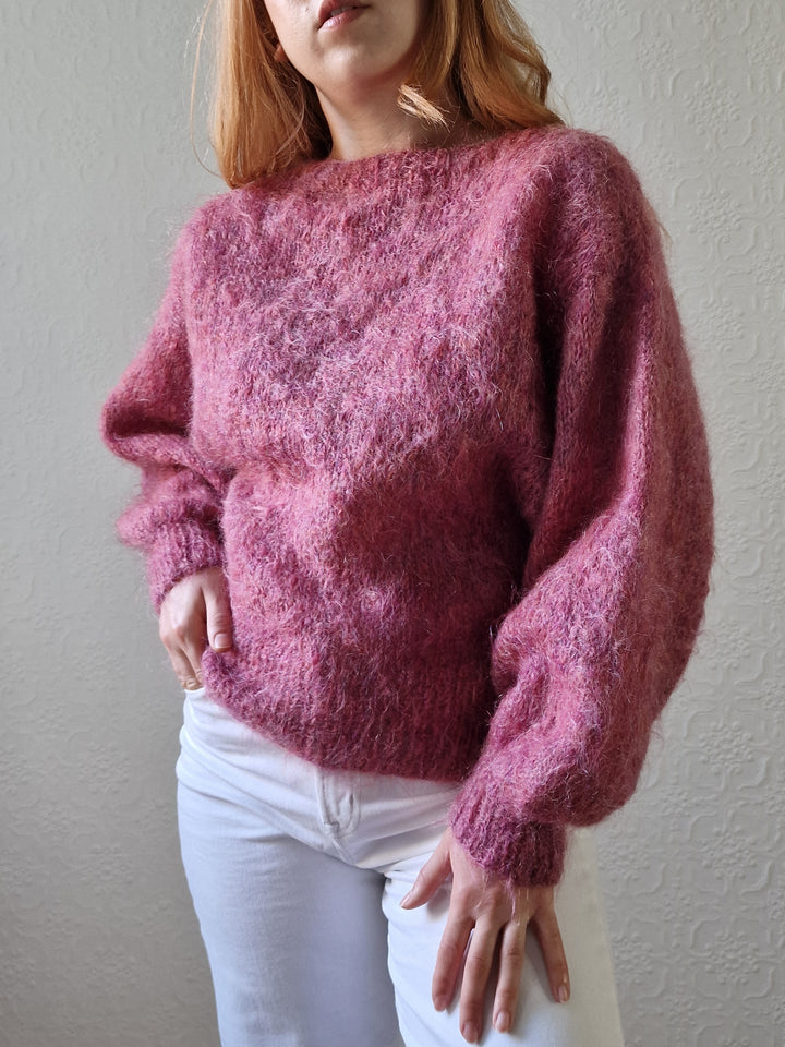 Vintage 80s Handknitted Dark Pink Mohair Jumper with Batwing Sleeves - M/L