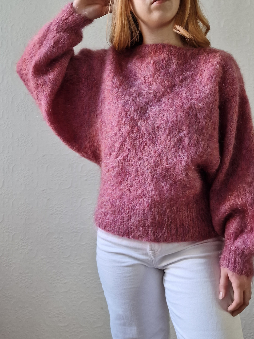 Vintage 80s Handknitted Dark Pink Mohair Jumper with Batwing Sleeves - M/L