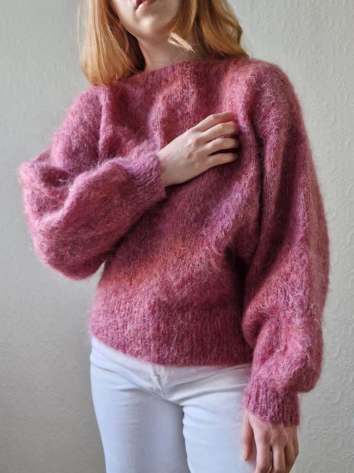 Vintage 80s Handknitted Dark Pink Mohair Jumper with Batwing Sleeves - M/L