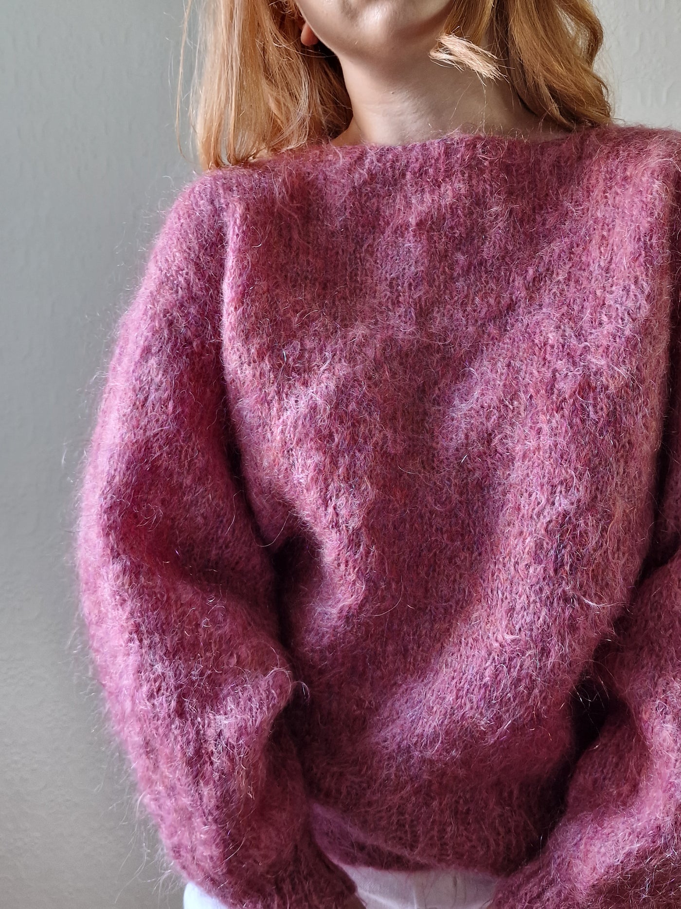 Vintage 80s Handknitted Dark Pink Mohair Jumper with Batwing Sleeves - M/L
