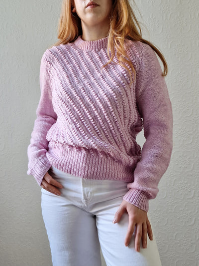 Vintage 80s Handknitted Lilac Purple Popcorn Jumper with Crew Neck - S