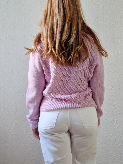 Vintage 80s Handknitted Lilac Purple Popcorn Jumper with Crew Neck - S
