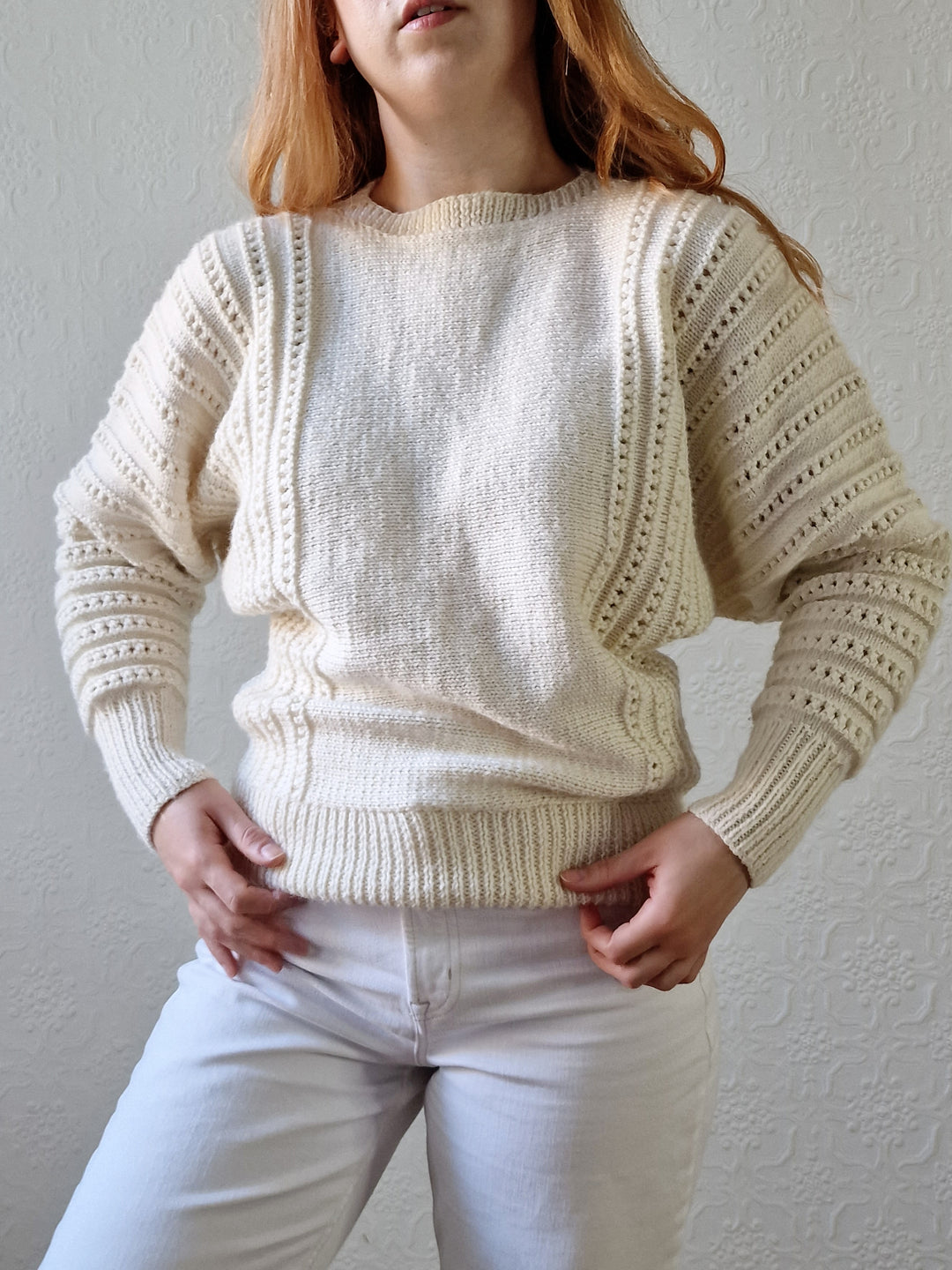 Vintage 80s Handknitted Cream Batwing Jumper with Crew Neck - S/M