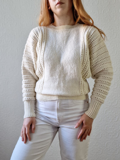 Vintage 80s Handknitted Cream Batwing Jumper with Crew Neck - S/M