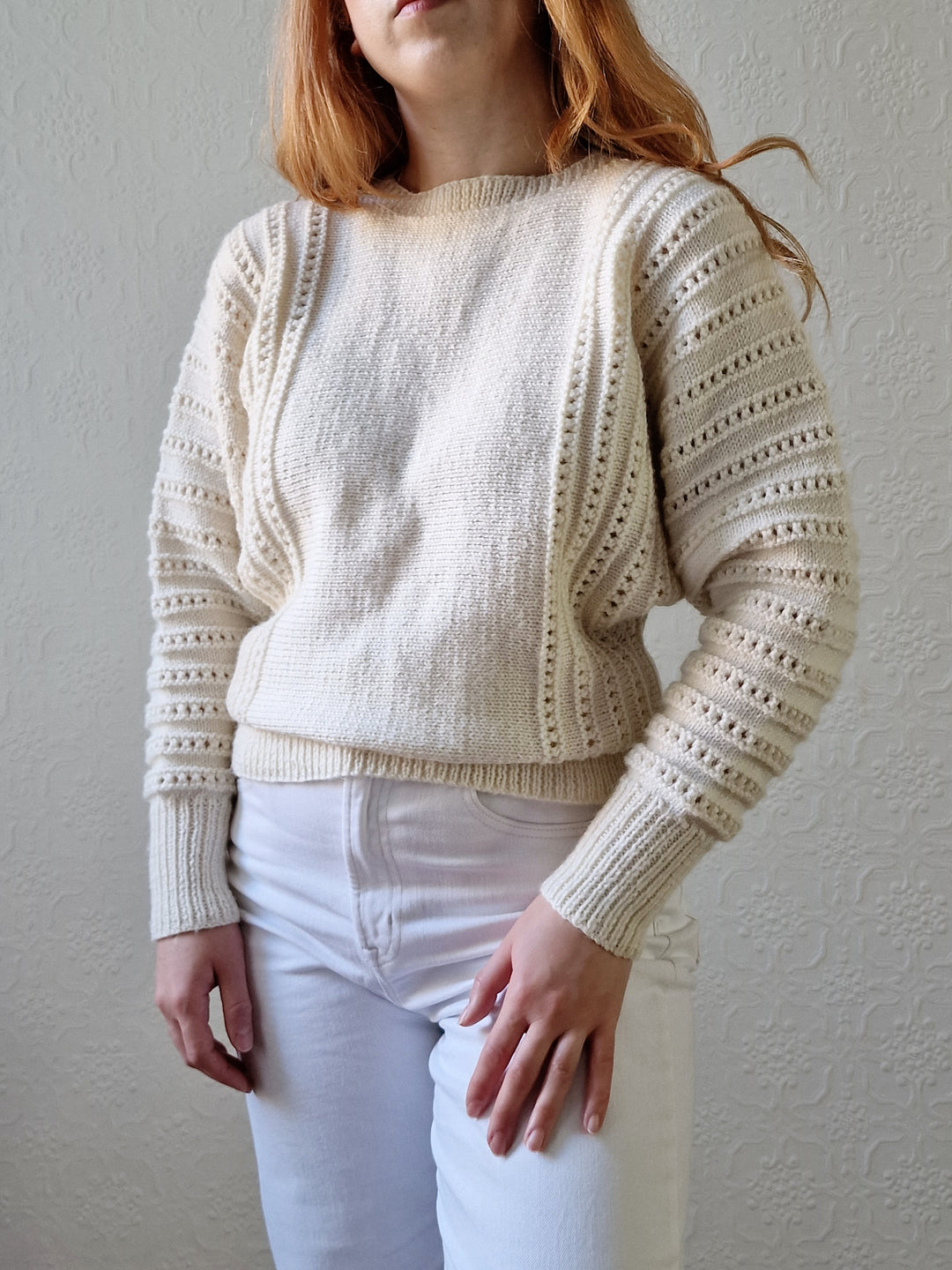 Vintage 80s Handknitted Cream Batwing Jumper with Crew Neck - S/M