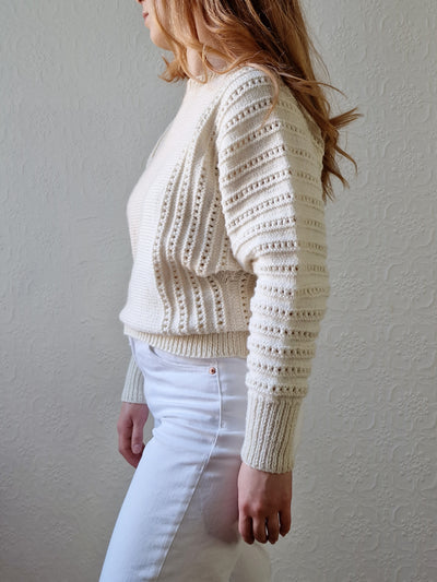 Vintage 80s Handknitted Cream Batwing Jumper with Crew Neck - S/M