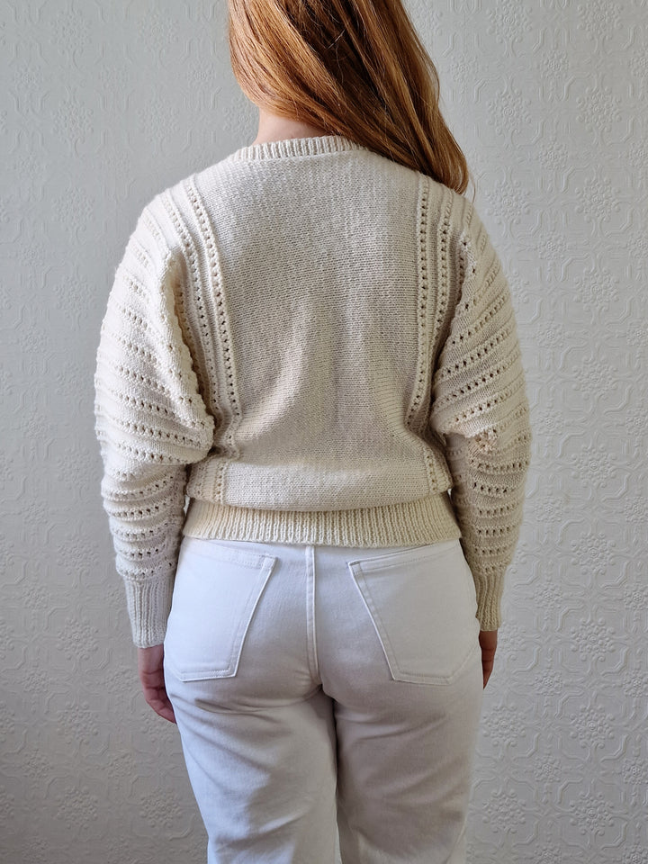 Vintage 80s Handknitted Cream Batwing Jumper with Crew Neck - S/M