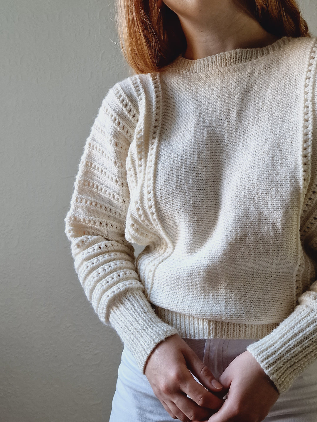 Vintage 80s Handknitted Cream Batwing Jumper with Crew Neck - S/M