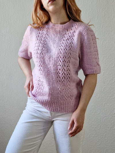 Vintage 80s Handknitted Lilac Purple Crew Neck Jumper with Half Sleeves - S
