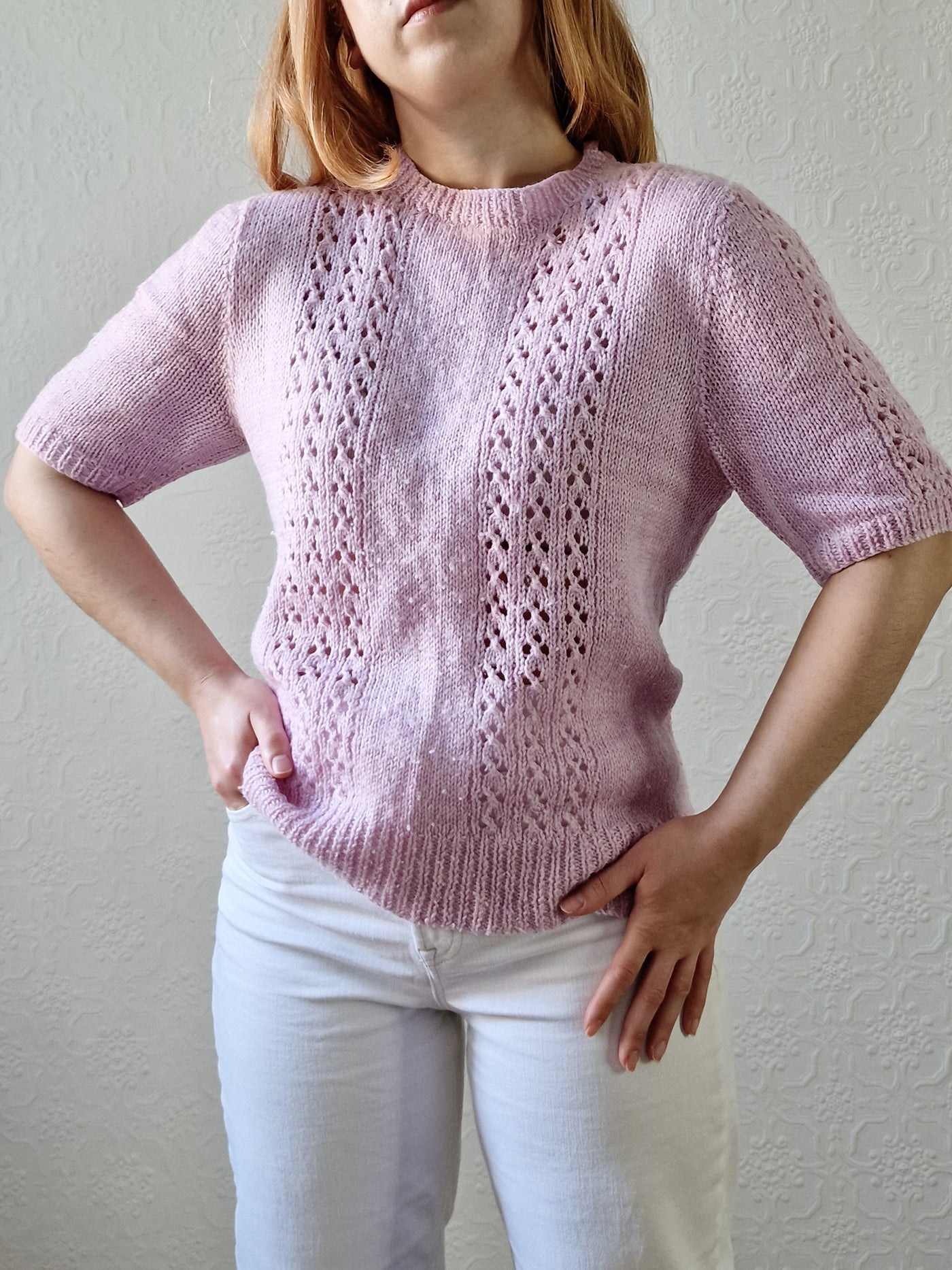 Vintage 80s Handknitted Lilac Purple Crew Neck Jumper with Half Sleeves - S