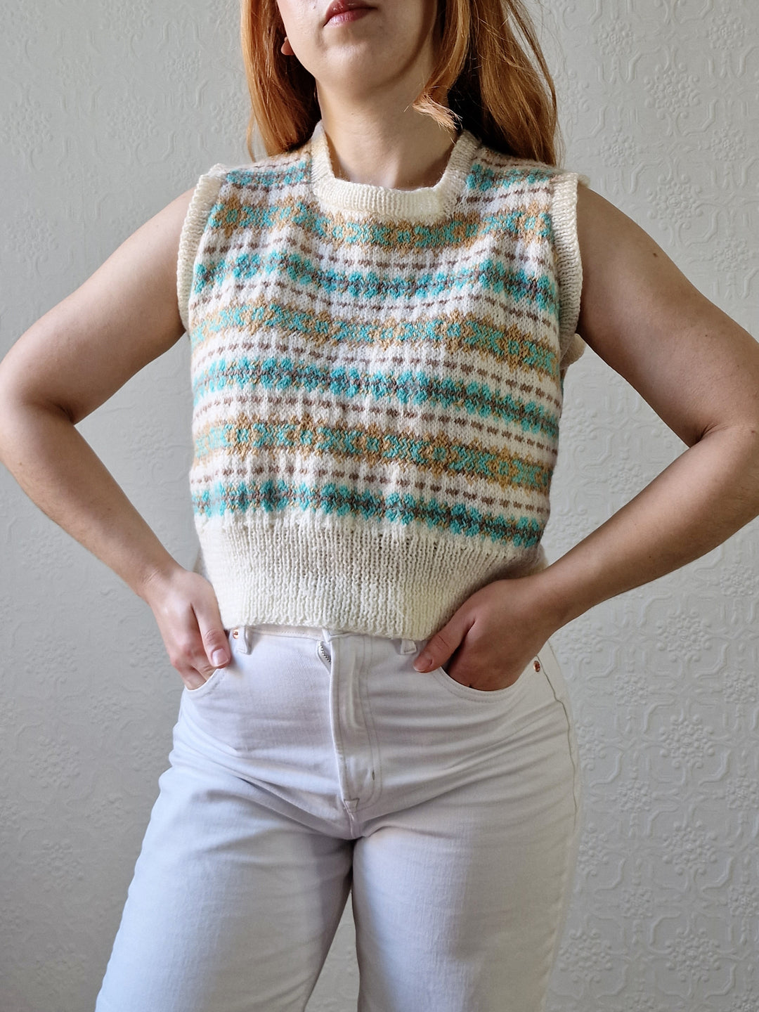 Vintage 80s Handknitted Fairisle Short Vest with Square Neckline - S