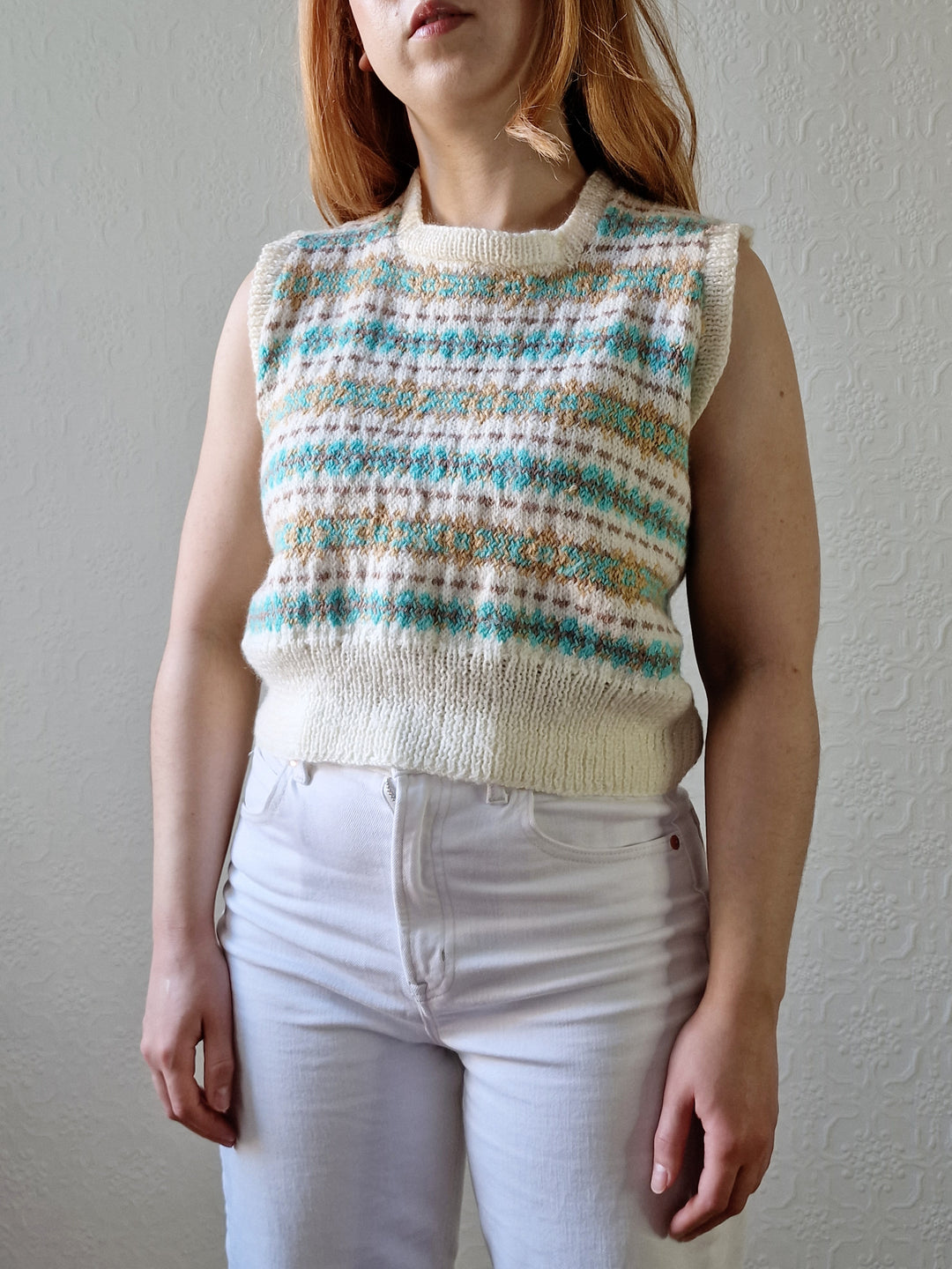 Vintage 80s Handknitted Fairisle Short Vest with Square Neckline - S