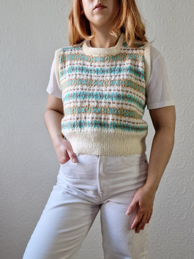 Vintage 80s Handknitted Fairisle Short Vest with Square Neckline - S