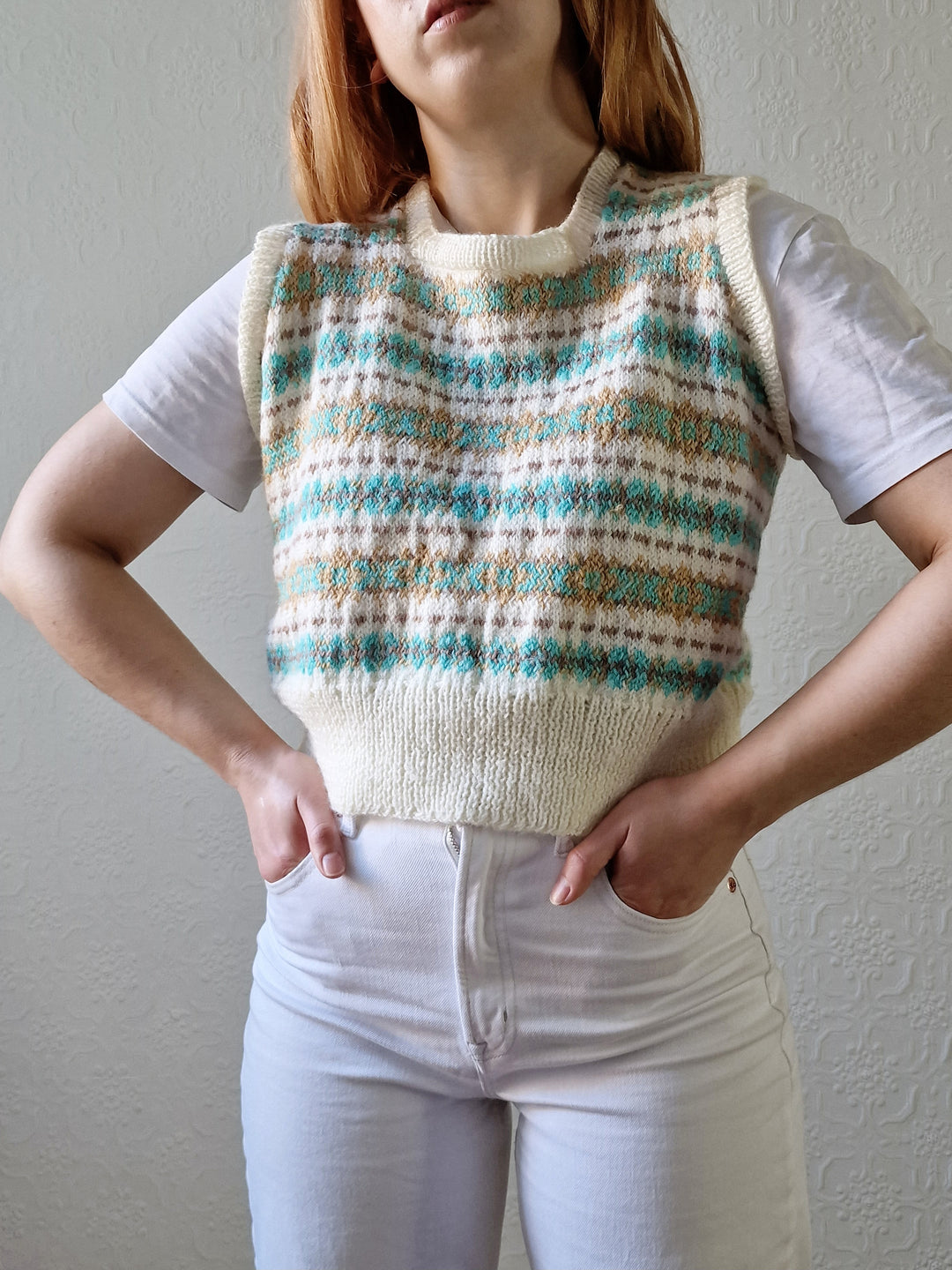 Vintage 80s Handknitted Fairisle Short Vest with Square Neckline - S