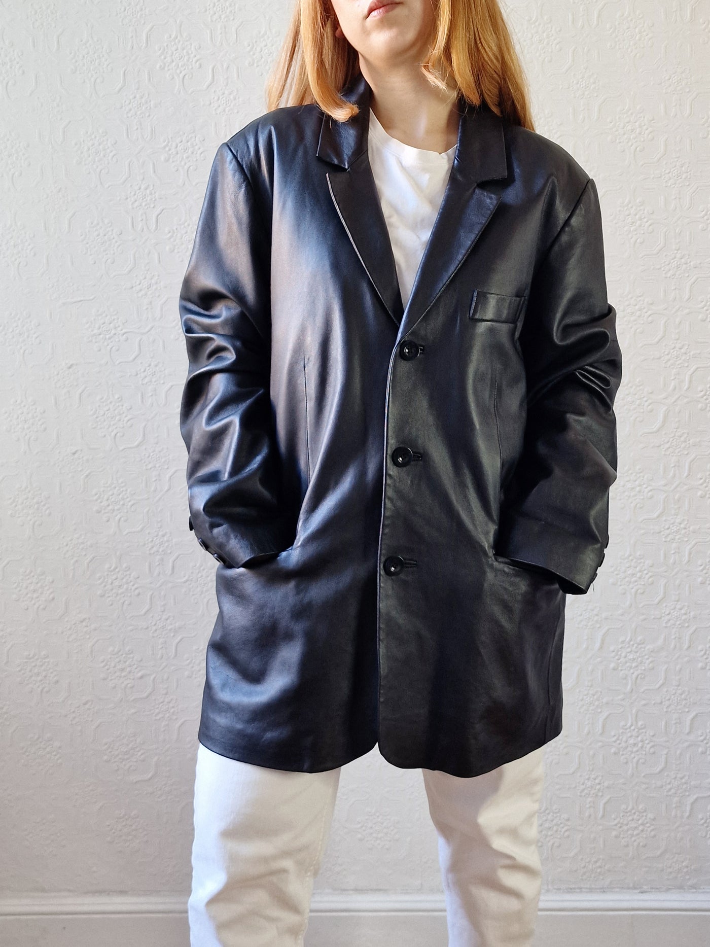Vintage Black 100% Genuine Leather Blazer Style Jacket - L