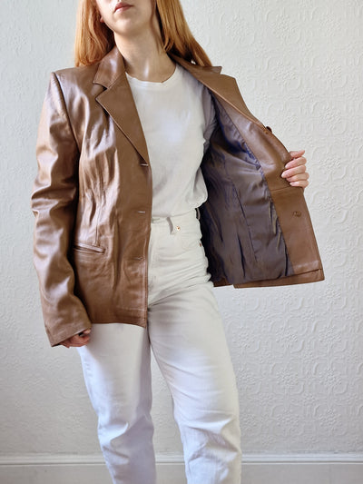 Vintage 90s Tan Brown 100% Genuine Leather Blazer Style Jacket - M