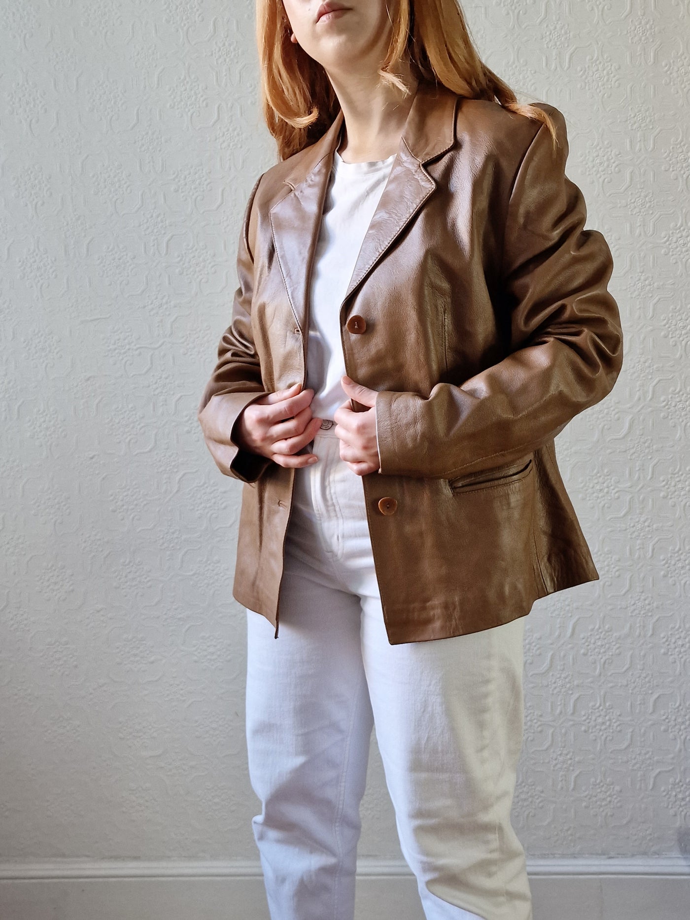 Vintage 90s Tan Brown 100% Genuine Leather Blazer Style Jacket - M