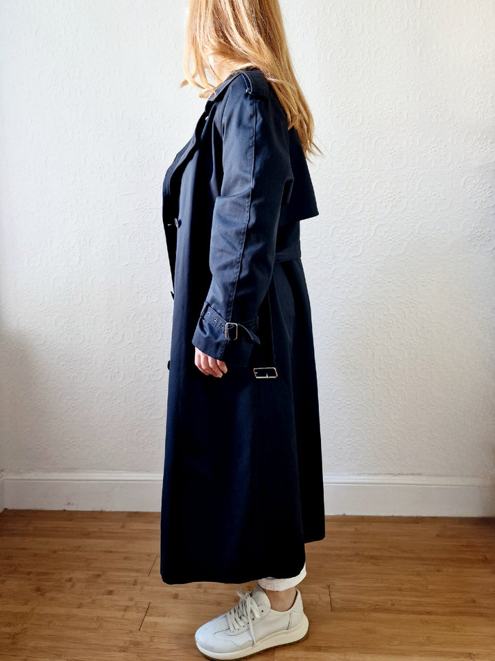 Vintage Black Double Breasted Trench Coat with Belt - M/L