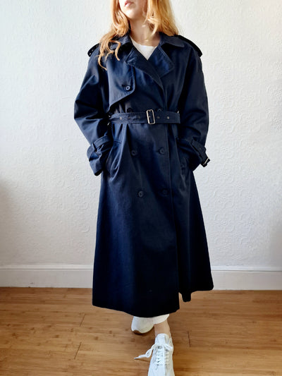 Vintage Black Double Breasted Trench Coat with Belt - M/L