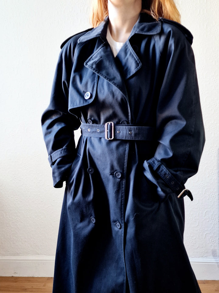 Vintage Black Double Breasted Trench Coat with Belt - M/L