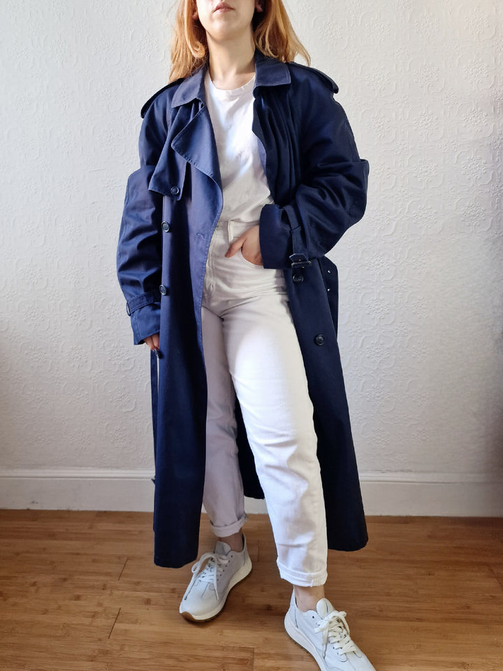 Vintage Navy Blue Double Breasted Trench Coat with Belt - L