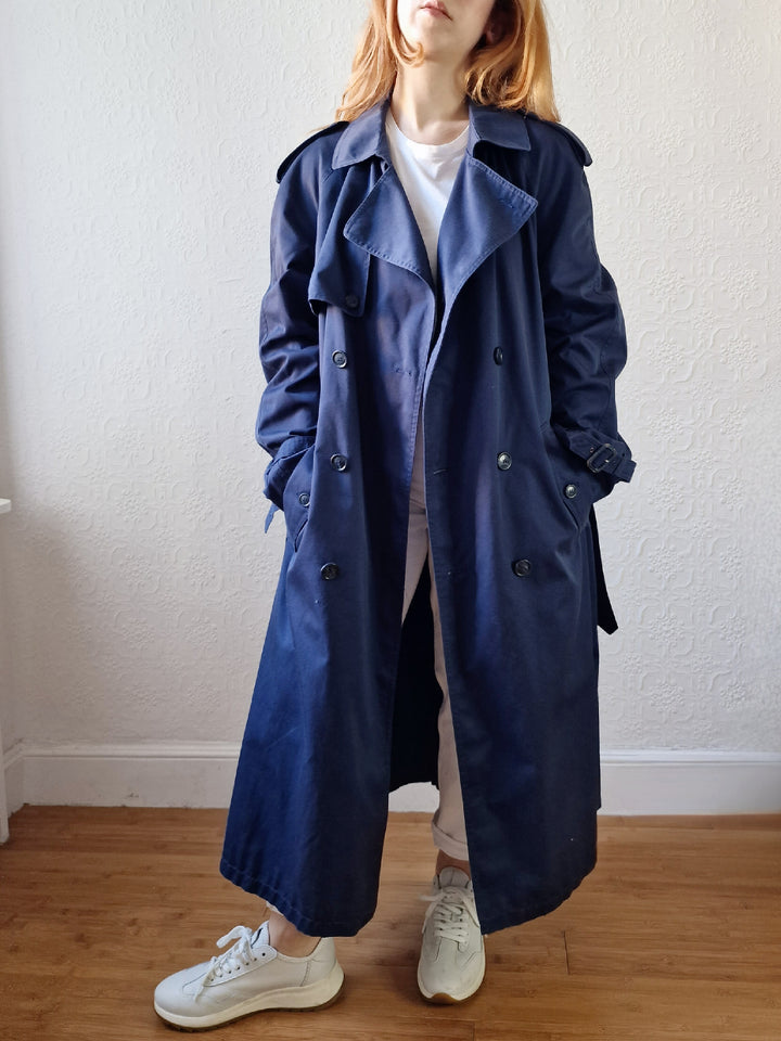 Vintage Navy Blue Double Breasted Trench Coat with Belt - L