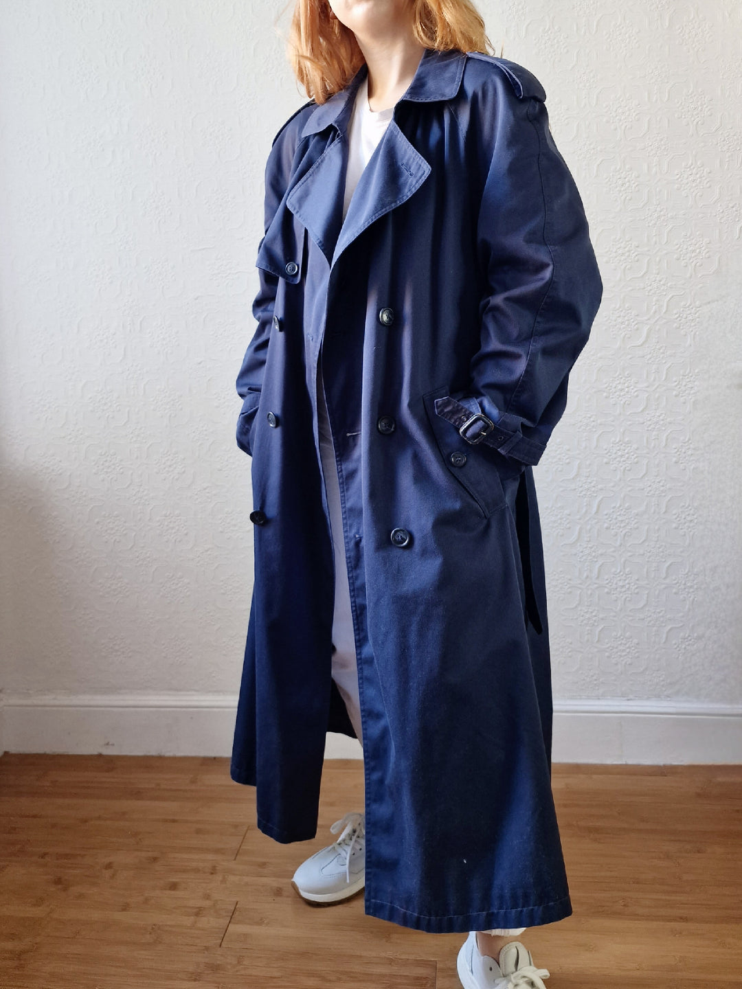 Vintage Navy Blue Double Breasted Trench Coat with Belt - L