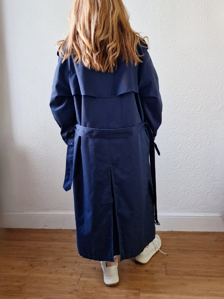 Vintage Navy Blue Double Breasted Trench Coat with Belt - L