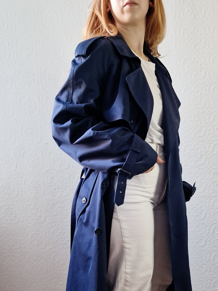 Vintage Navy Blue Double Breasted Trench Coat with Belt - L